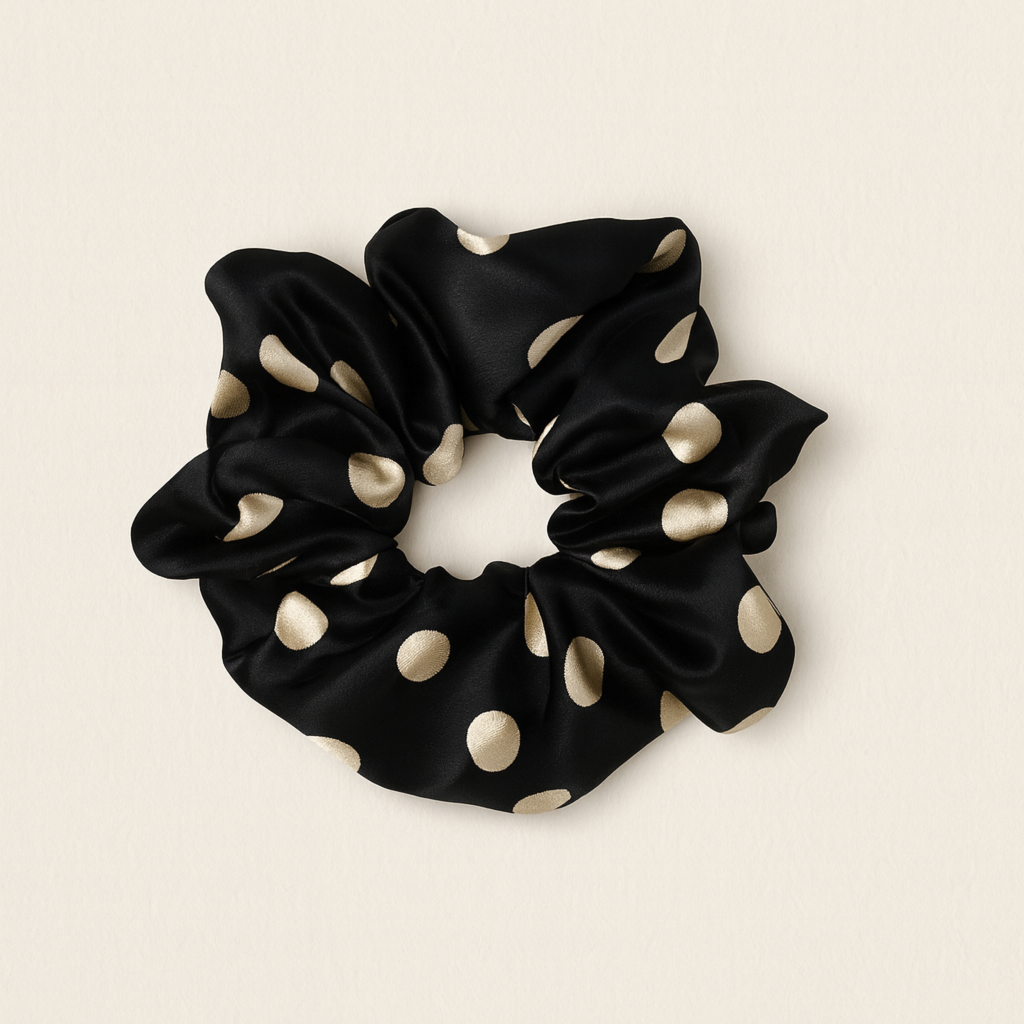 Scrunchie saténová gumička DORY černá s béžovými puntíky2